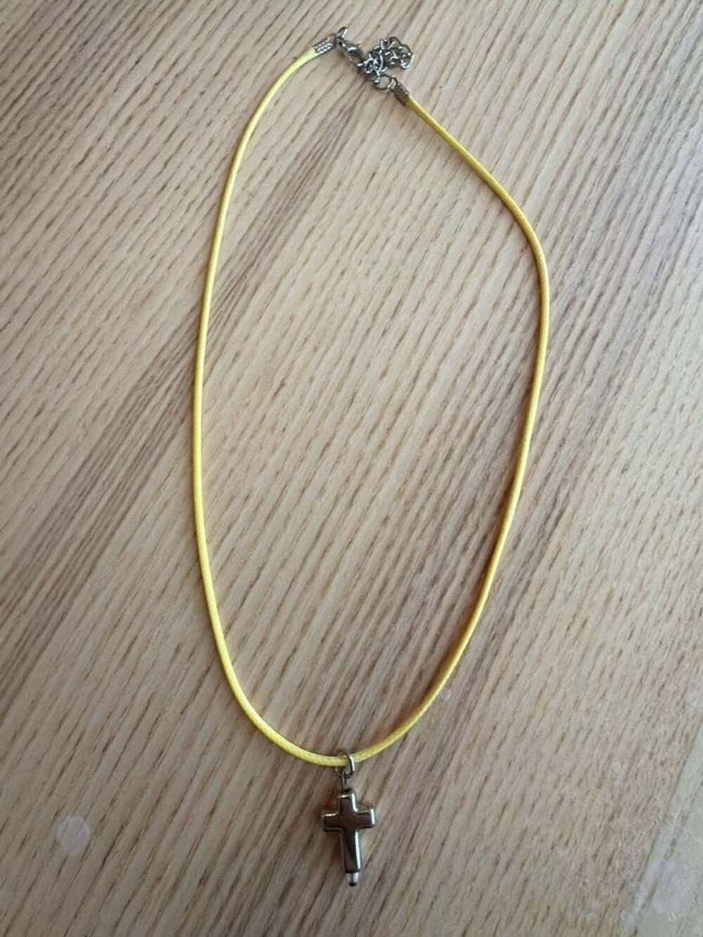 Yellow Cord Necklace with Silver-Tone Cross Pendant Adjustable 20 in